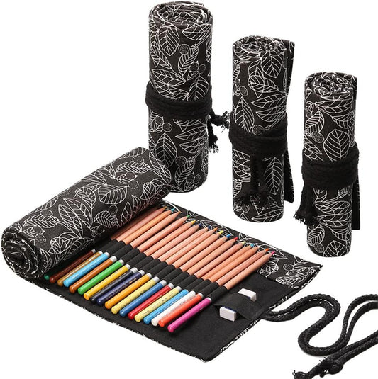 DIYOMR 24/36/72 Slots Pencil Wrap Pencil Rolls, Artist Colored Pencils Roll Up Bag Short Brushes Pouch Case Pencils Organizer for Drawing Coloring and Sketching (Black Leaves, 24slots)