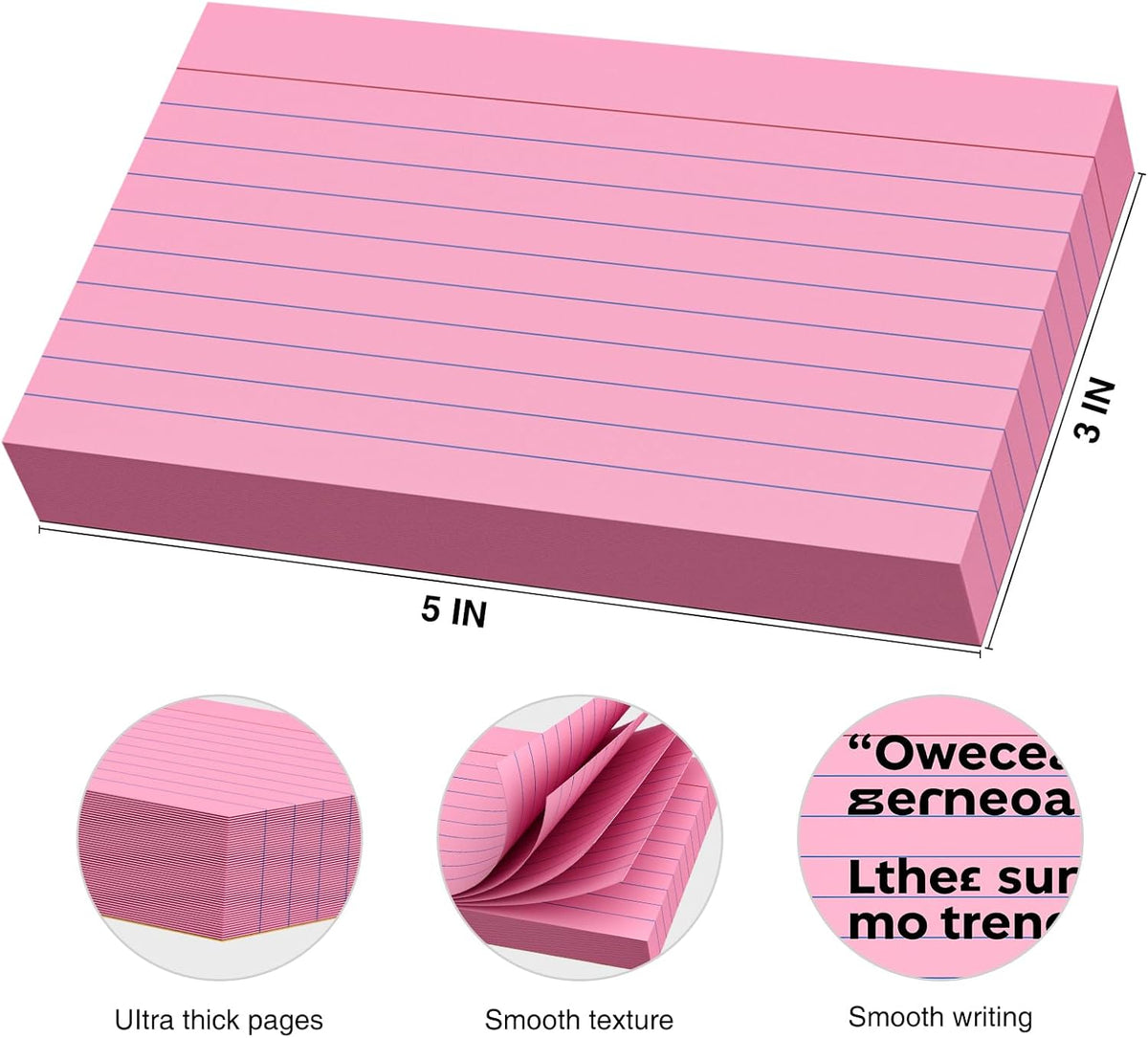 250 Count Index Cards 3x5 Inch 180gsm, Heavy Weight Pink Color Flash Card (50 Sheets Each), Note Taking for Students, Teachers, Professionals, Study Note Cards for Office Home School