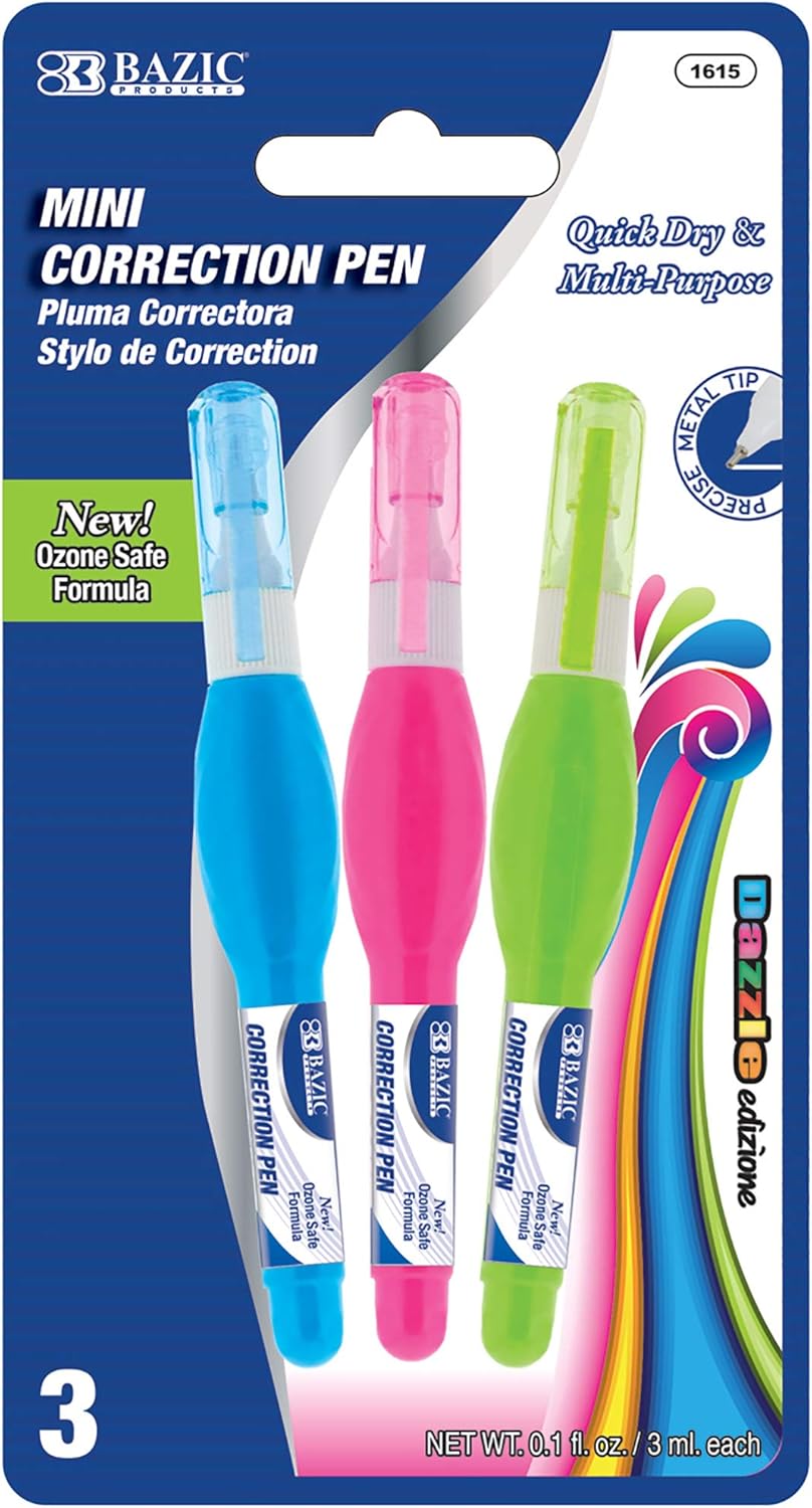 BAZIC Correction Pen (0.1 oz / 3 ml), Precise Metal Tip Applicator, Fine Point Corrections Fluid, White Out Liquid (3/Pack), 144-Packs
