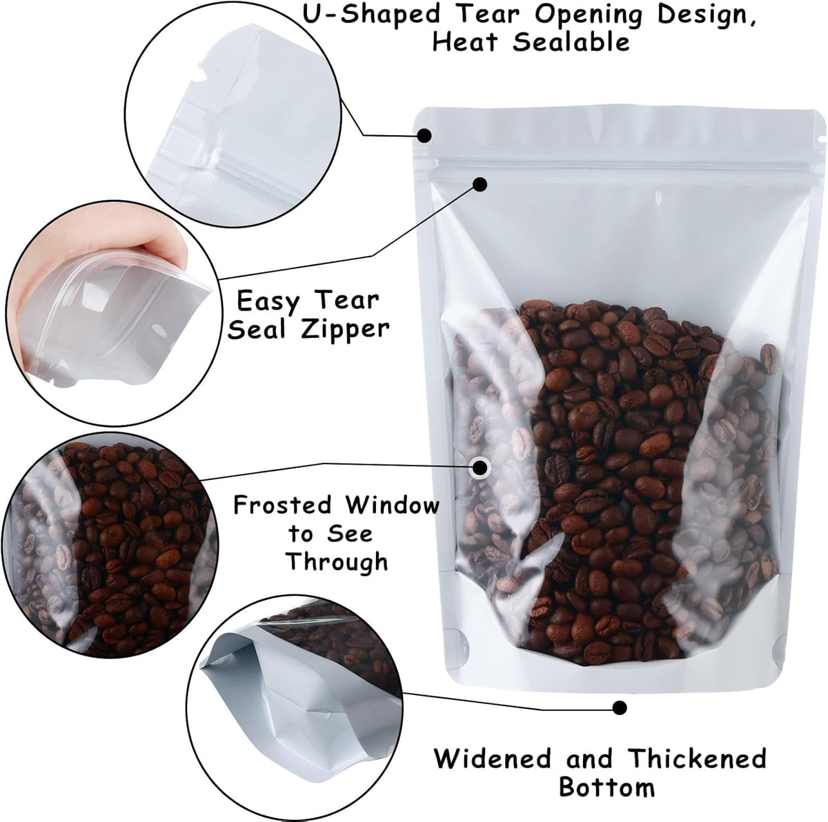 200 Mylar Bags for Food Storage 6X9 Mylar Bags with Window Candy Packaging Resealable Bags White Stand Up Pouches Edible Packaging for Small Business