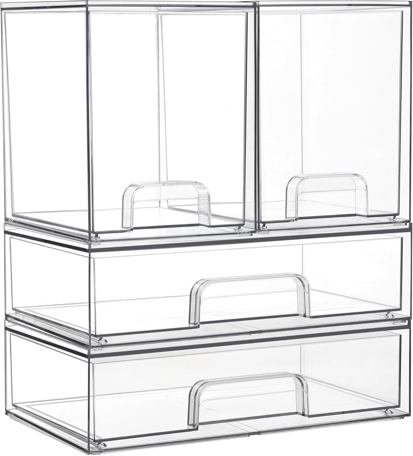 Vtopmart Clear Stackable Storage Drawers Set of 4, Plastic Organizer Bins for Makeup, Cosmetics, Beauty Supplies,Ideal for Vanity, Bathroom,Cabinet,Pantry Organization