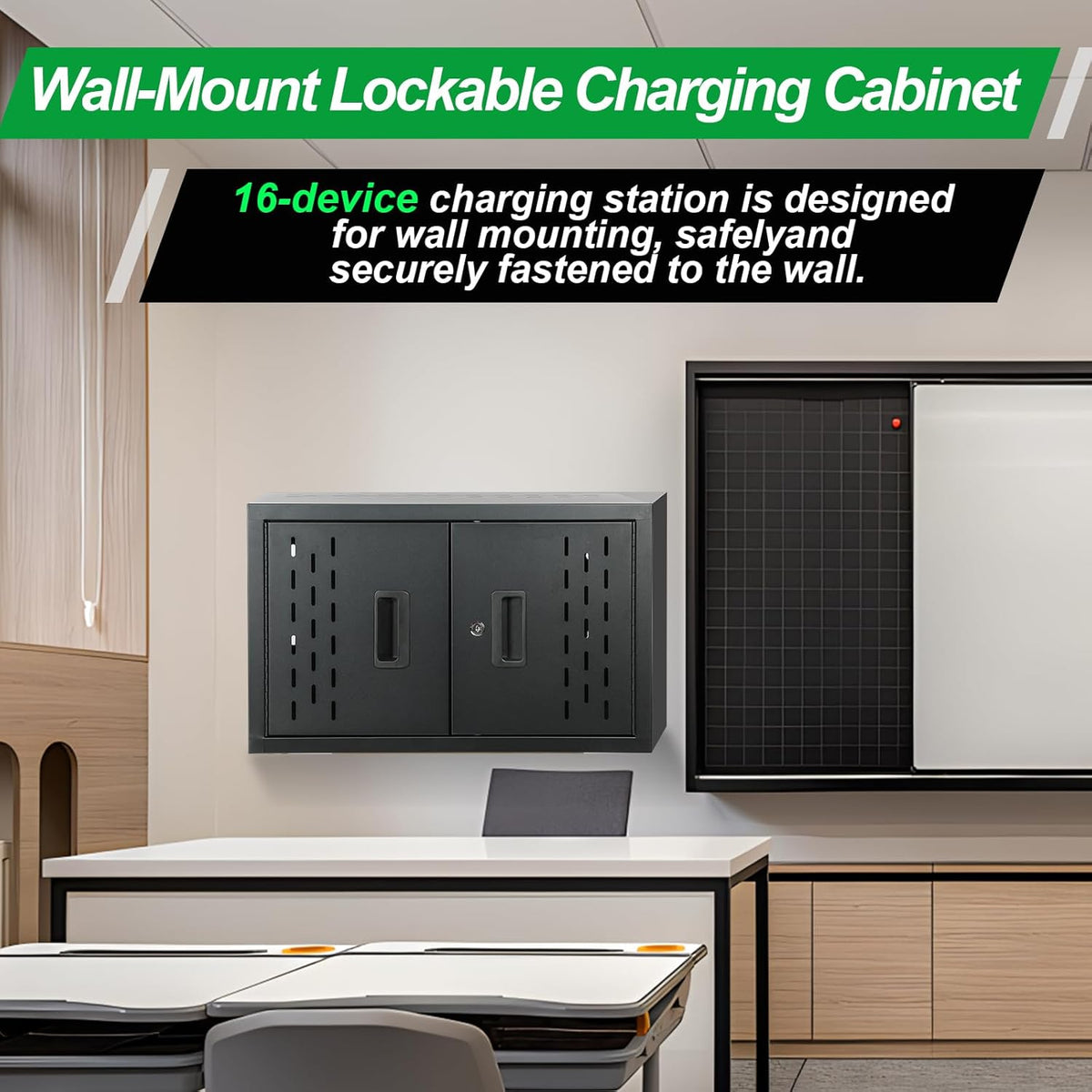 AQNIEGEP 16-Device Charging Station for Laptops/Tablets, Wall-Mount Charging Cabinet for Chromebooks/Laptop Computers, Laptop & Tablet Storage Carts for Classroom/Library/Office/Lockable, Black