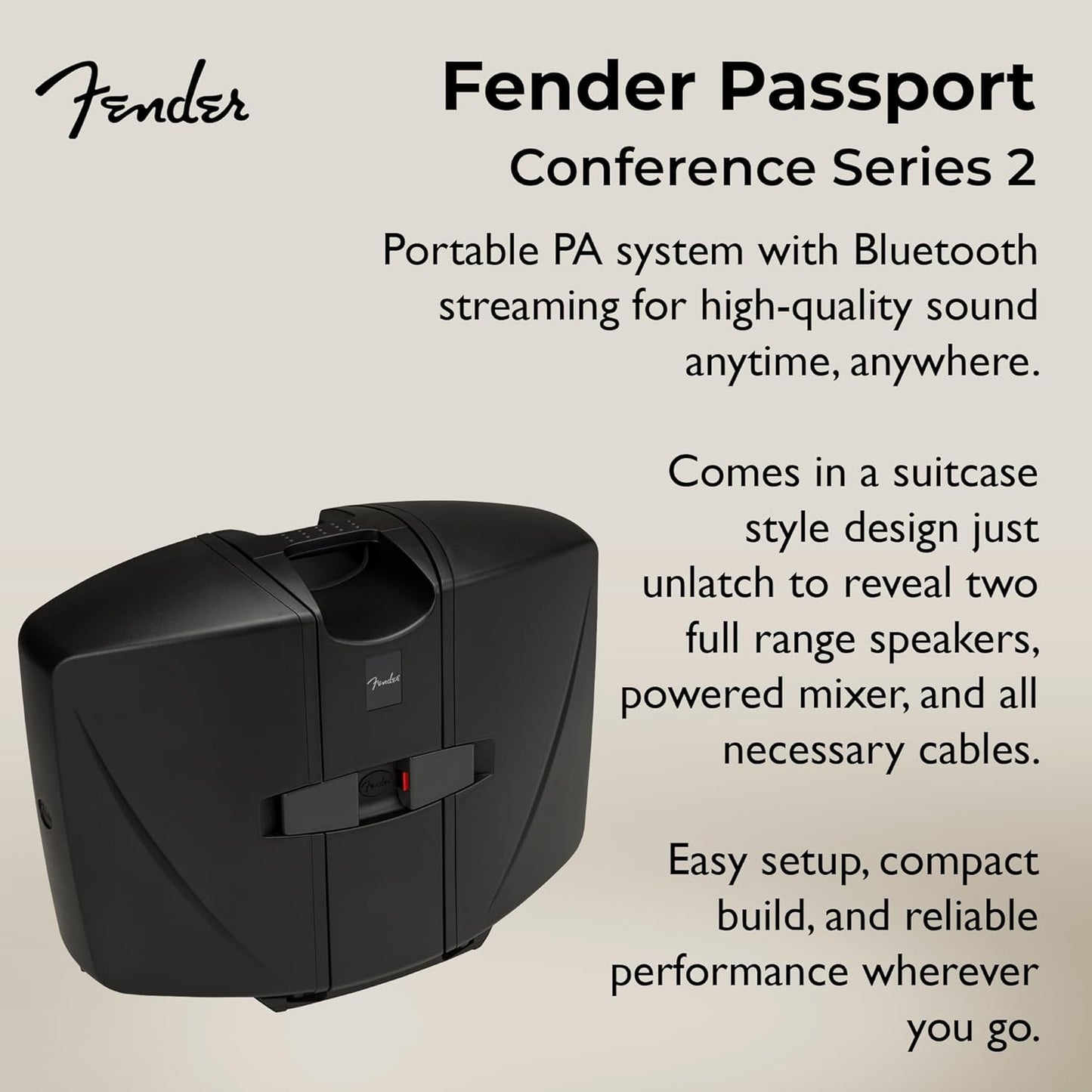 Fender Passport Conference S2 Portable PA System Bundle with Compact Speaker Stands, XLR Cable, and Instrument Cable