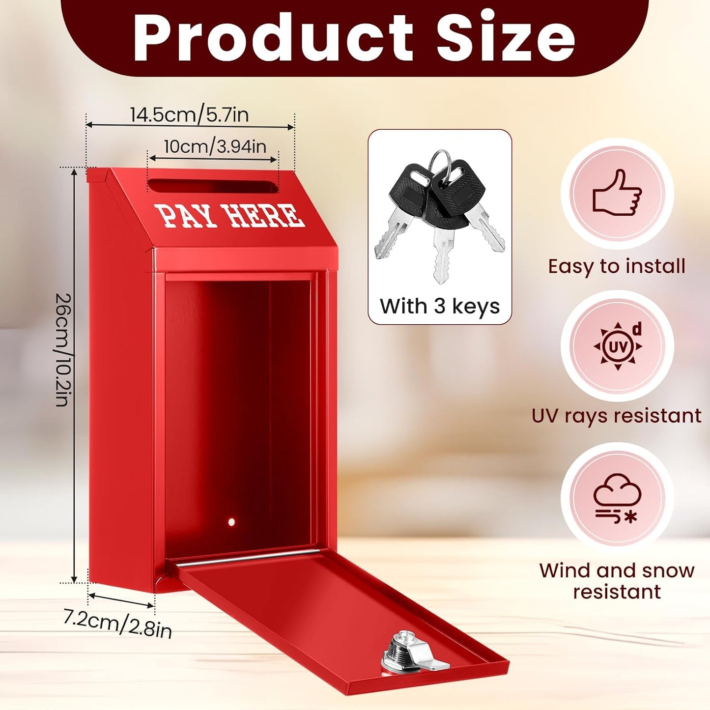 Safe Cash Box Money Collection Metal Donation Box with Lock Wall Mount Pre Drilled Mailbox Delivery Ballot for Home Office Outdoor Self Serve Stand(Red,10.2 x 5.7 x 2.8 Inch)