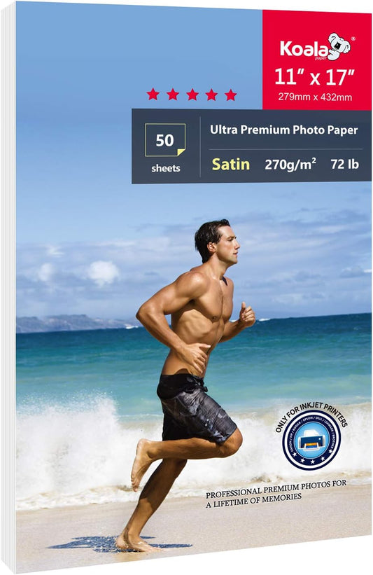 Koala Ultra Premium Photo Paper 11x17 In Satin Photo Printer Paper for Inkjet Printer Water-Resistant Semi Gloss 50 Sheets 72lb