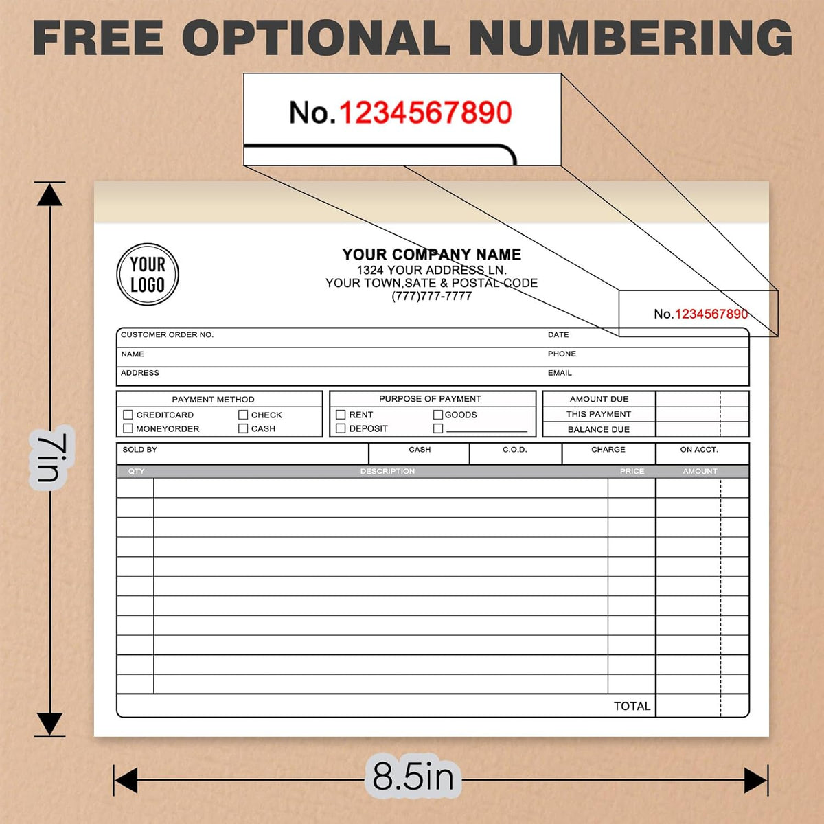 Custom 8.5" x 7" Invoices Receipts Carbonless Books in 2-Part Duplicate Personalized Company Address Name Phone Number 100 Sets