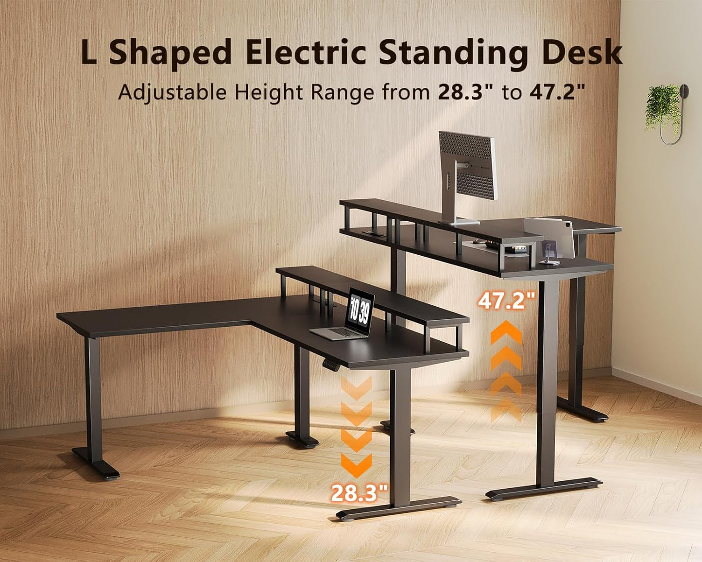 AODK Electric L Shaped Standing Desk with Monitor Stand, 59 Inch Height Adjustable Corner Desk with Power Outlets, Large Sit Stand Table, Reversible Computer Desk for Home, Office, Black