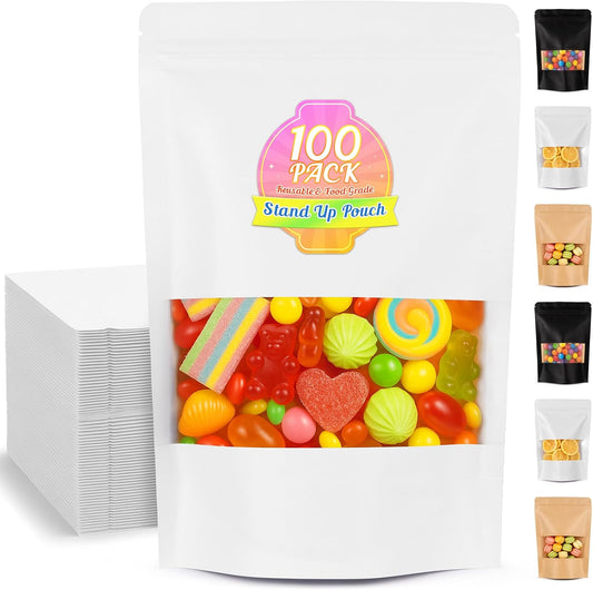 Food Bags 100 Pack Granola Trail Mix Bags Mylar Bags with Window Resealable Mylar Stand Up Pouches Wax Melt Candy Bar Tea Packaging Beef Jerky Chip Bag Bolsas para Carne Seca (4"x6")