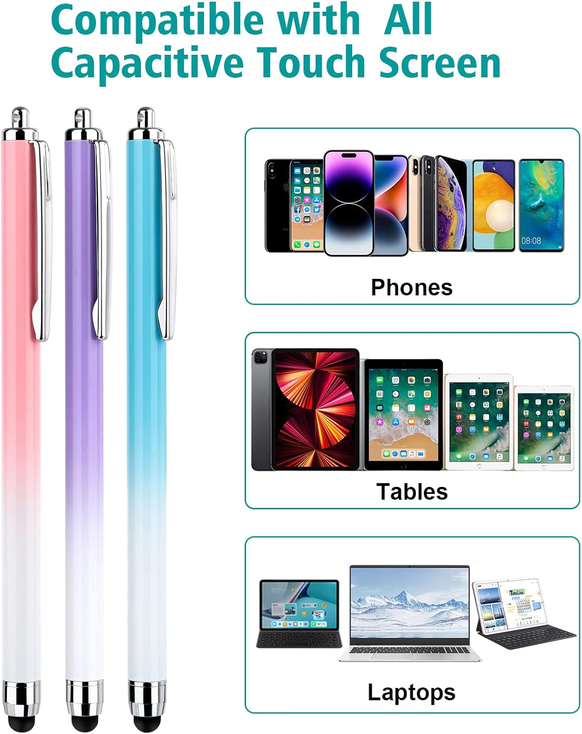 Stylus for Touch Screen, 3 Pcs Stylus Pens and 12 Extra Replaceable Rubber Tips (Gradient Pink/Purple/Blue)