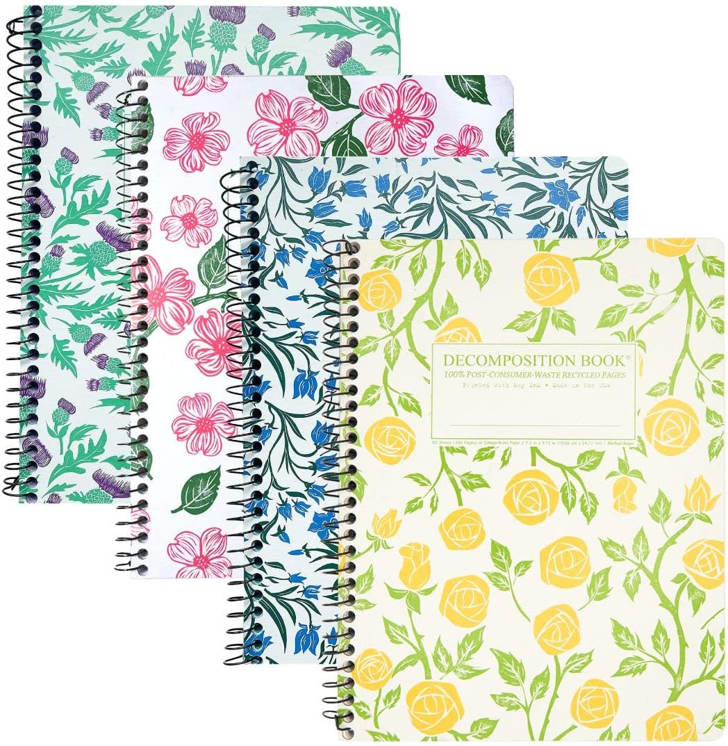 Decomposition 4-Pack Flowery Bouquet College Ruled Spiral Notebook - 9.75 x 7.5 Journal with 160 Lined Pages - 100% Recycled Paper - Cute Notebooks for School Supplies, Home & Office - Made in USA