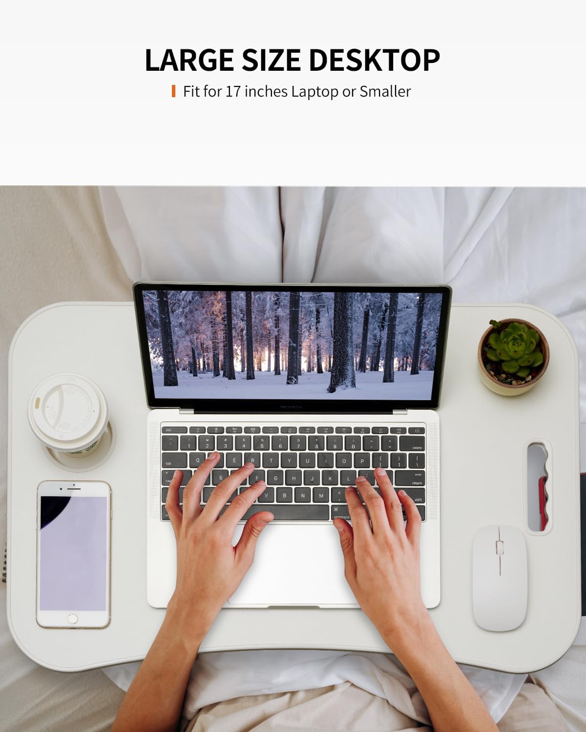 Foldable Laptop Table, Portable Lap Desk Bed Table Tray, Laptop Stand with Cup Holder & Tablet Slot & Lifting Handle for Working Writing Drawing & Eating (White)