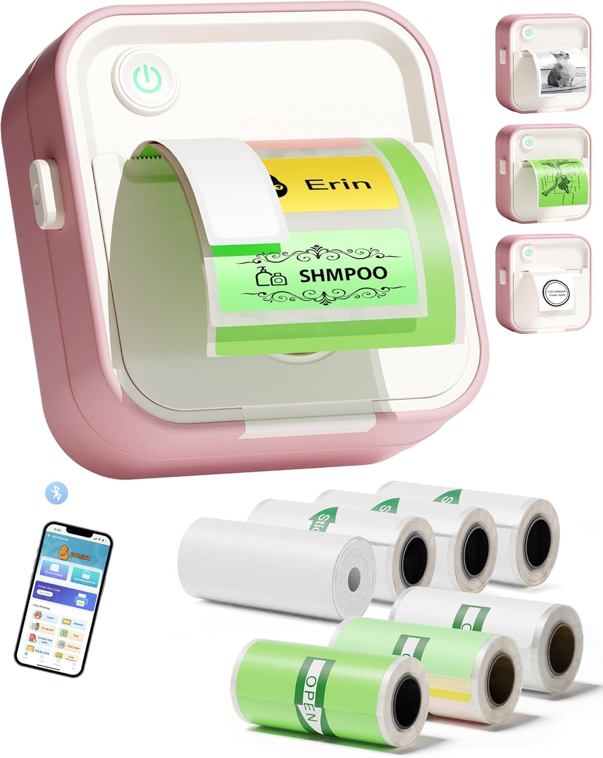 Label Maker Machine, HD Mini Sticker Printer with 7 Rolls Paper, Portable Thermal Print Pod Supports 12-57mm Papers, Bluetooth Pocket Printer for Home, Kitchen, School (Light Pink)