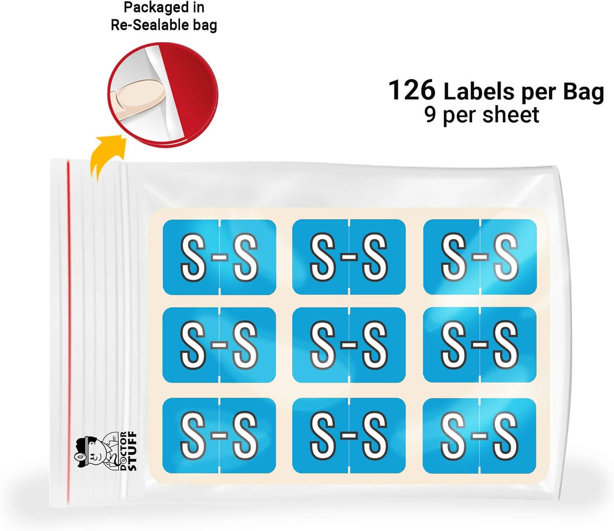 Doctor Stuff - File Folder Labels, Alphabet Letter S, Barkley/Sycom FABKM - BRAM Series Compatible Alpha Stickers, Blue, 1" x 1-1/2", 126 Labels/Package