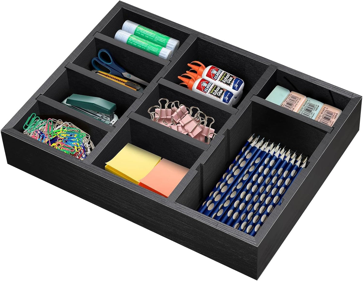Desk Drawer Organizer Tray with 9 Adjustable Compartments, Wooden Office Desk Accessories Supplies Organization Storage for Desktop Bathroom Vanity Makeup Black
