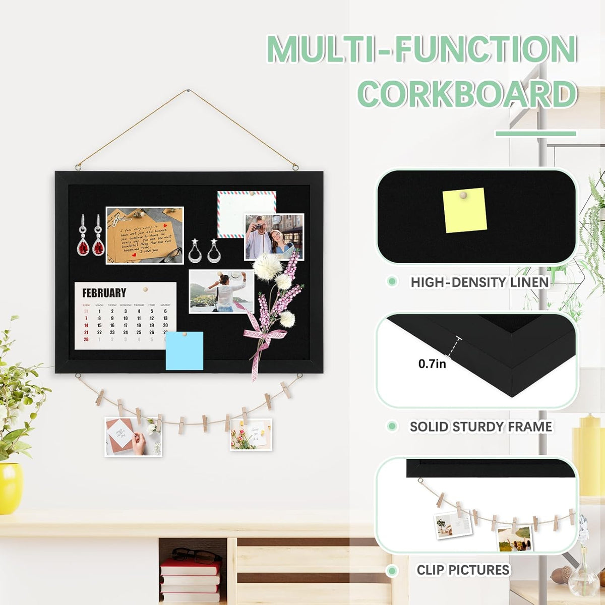 DOLLAR BOSS Large Black Cork Board Double-Sided Bulletin Board with Linen 24''x 18'', Black Cork Boards for Walls Wood Frame Hanging Pin Board, Cork Board for Office Home School 1-Pack