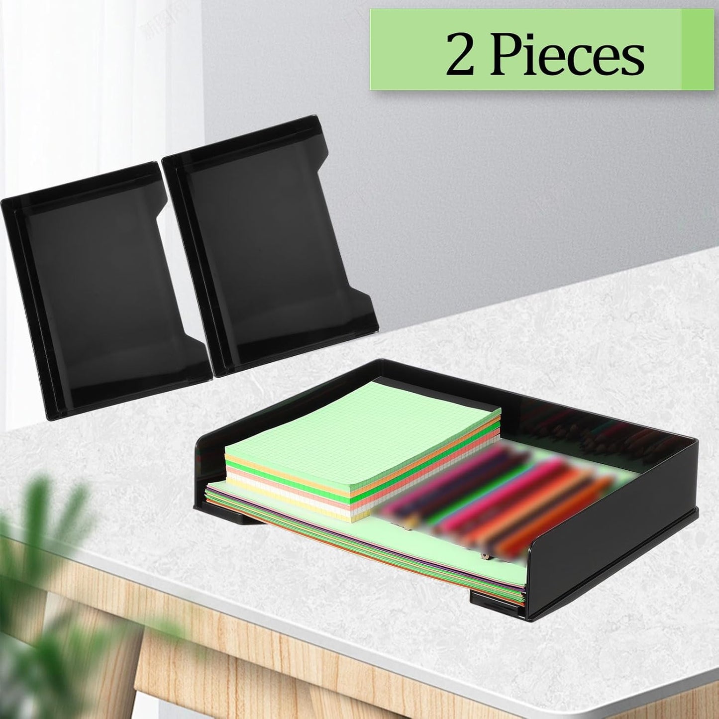 2 Pcs Stackable Letter Tray Rectangular Plastic Desk Organizer 13 x 9.5 x 2.6 in Paper Holder File Tray Accessories Rack for Desktop Office Desk Drawers (Black)