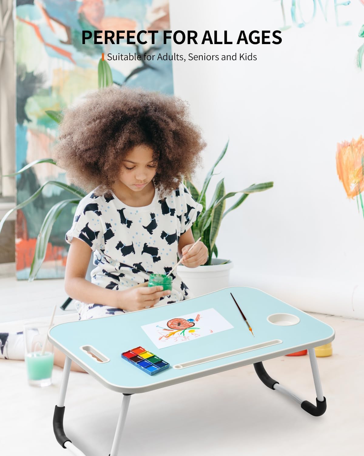 Foldable Laptop Table, Portable Lap Desk Bed Table Tray, Laptop Stand with Cup Holder & Tablet Slot & Lifting Handle for Working Writing Drawing & Eating (Blue)