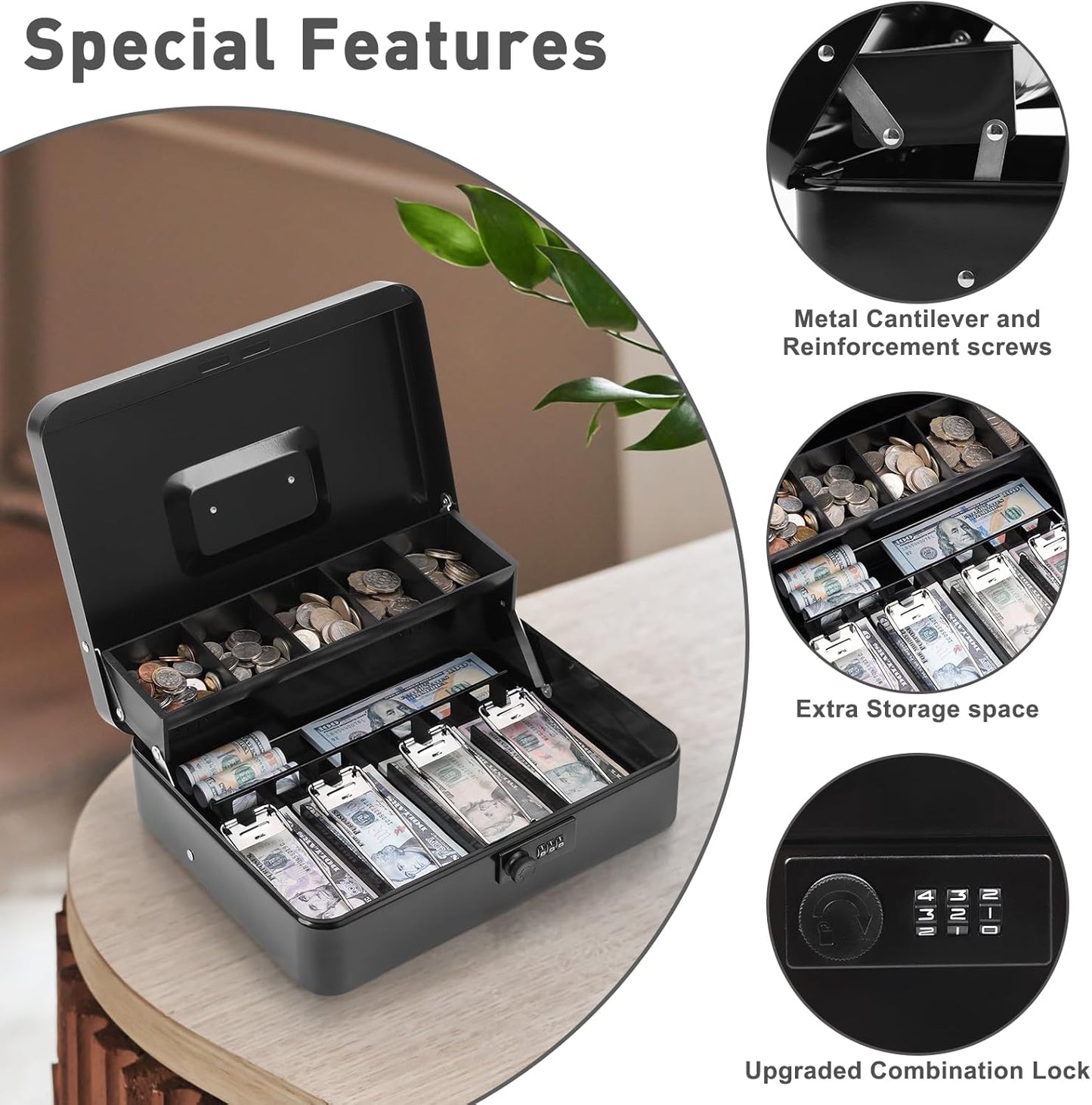 KYODOLED Large Cash Box with Combination Lock,Money Box with Cash Tray, Lock Safe Box with Key,Money Saving Organizer,11.81Lx 9.45Wx 3.54H Inches,Black XL Large
