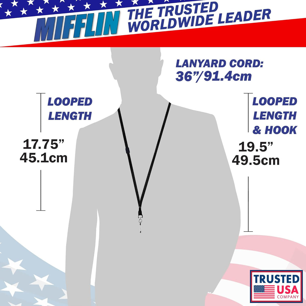 MIFFLIN-USA Flat Breakaway Safety Lanyard for ID Badges (Black, 36 Inch, 25 Pack), Soft Woven Neck Line