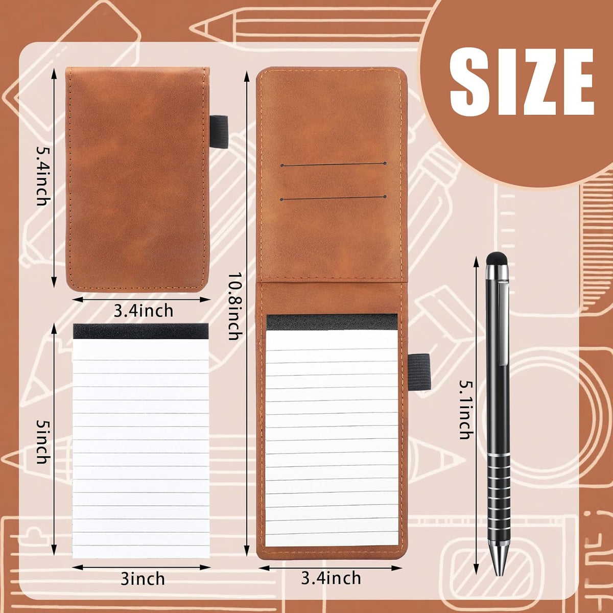 Outus 10 Pcs Mini Pocket Notepad Holder Set Included Mini Pocket Notepad Holder with 50 Lined Sheets, Metal Pen, 8 Pcs 3 x 5 Inch Memo Book Refills, 30 Lined Paper Per Note Pad (Camel，white)