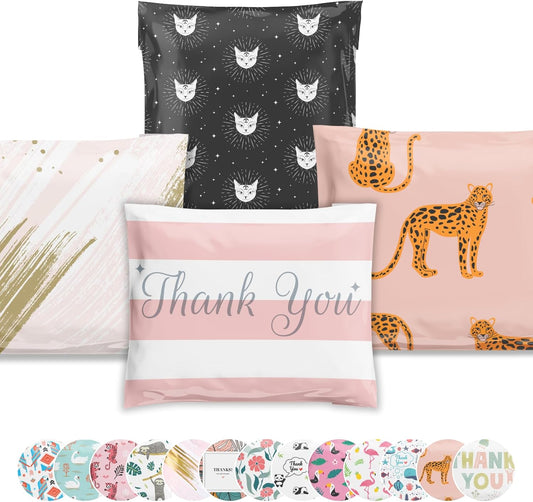 Poly Mailers 12.5x15 50 Pack | Self-Sealing Shipping Bags Envelopes for Small Business | Waterproof Durable Packaging | Variety Sample Pack | Thank You Floral Cat Gold | à la mode Mailers