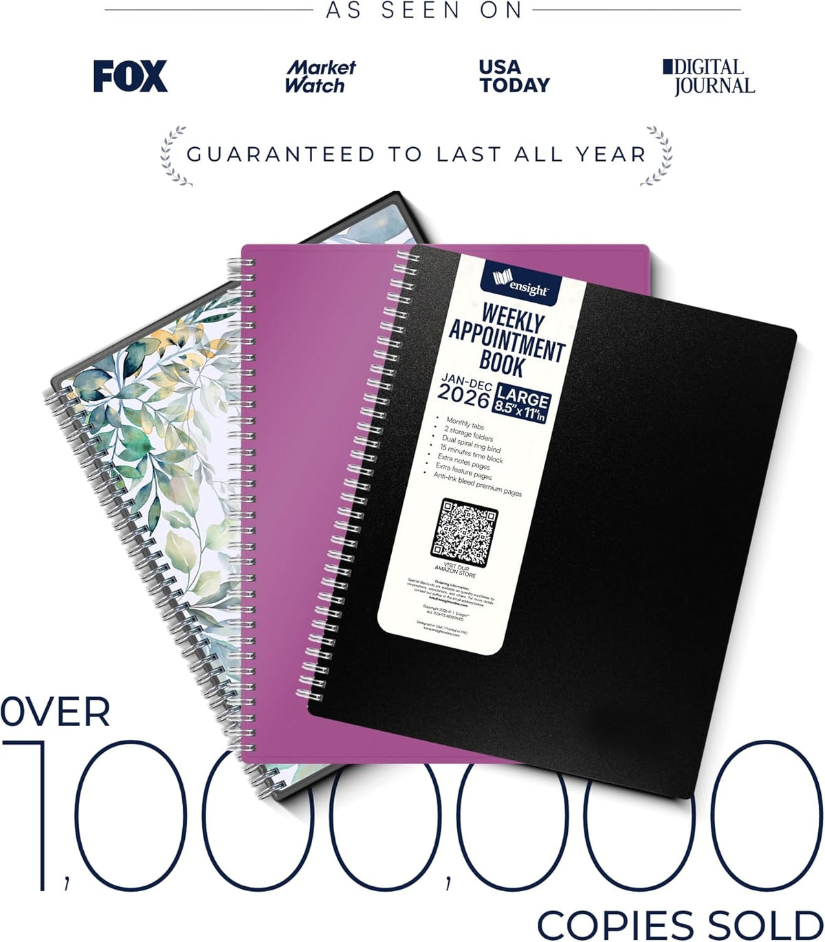 Ensight 2026 Appointment Book & Planner Ensight 8.5 x 11 inches Large Tabbed Daily Hourly Weekly Planner Schedule Book 15 Minute time Slots Business & Personal Planner Jan 2026 Dec 2026 Black