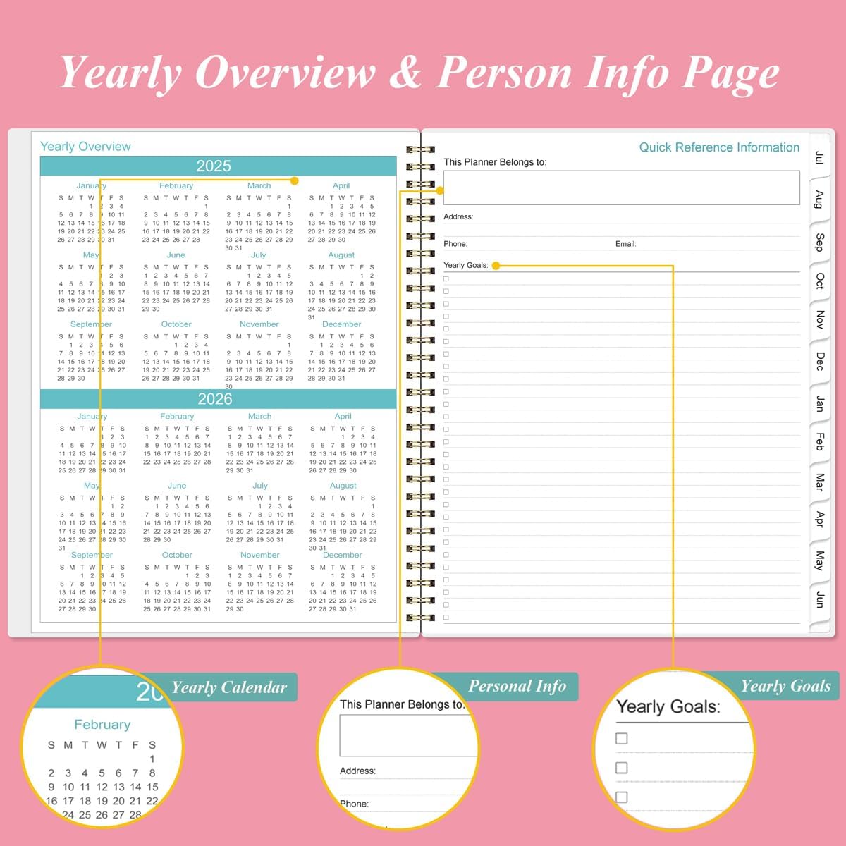 2025-2026 Monthly Planner - 18 Monthly Calendar, July 2025 - December 2026, Two Pages Per Month, 9" x11" Planner with Tabs, Strong Twin-Wire Binding, Inner Pocket, Pink