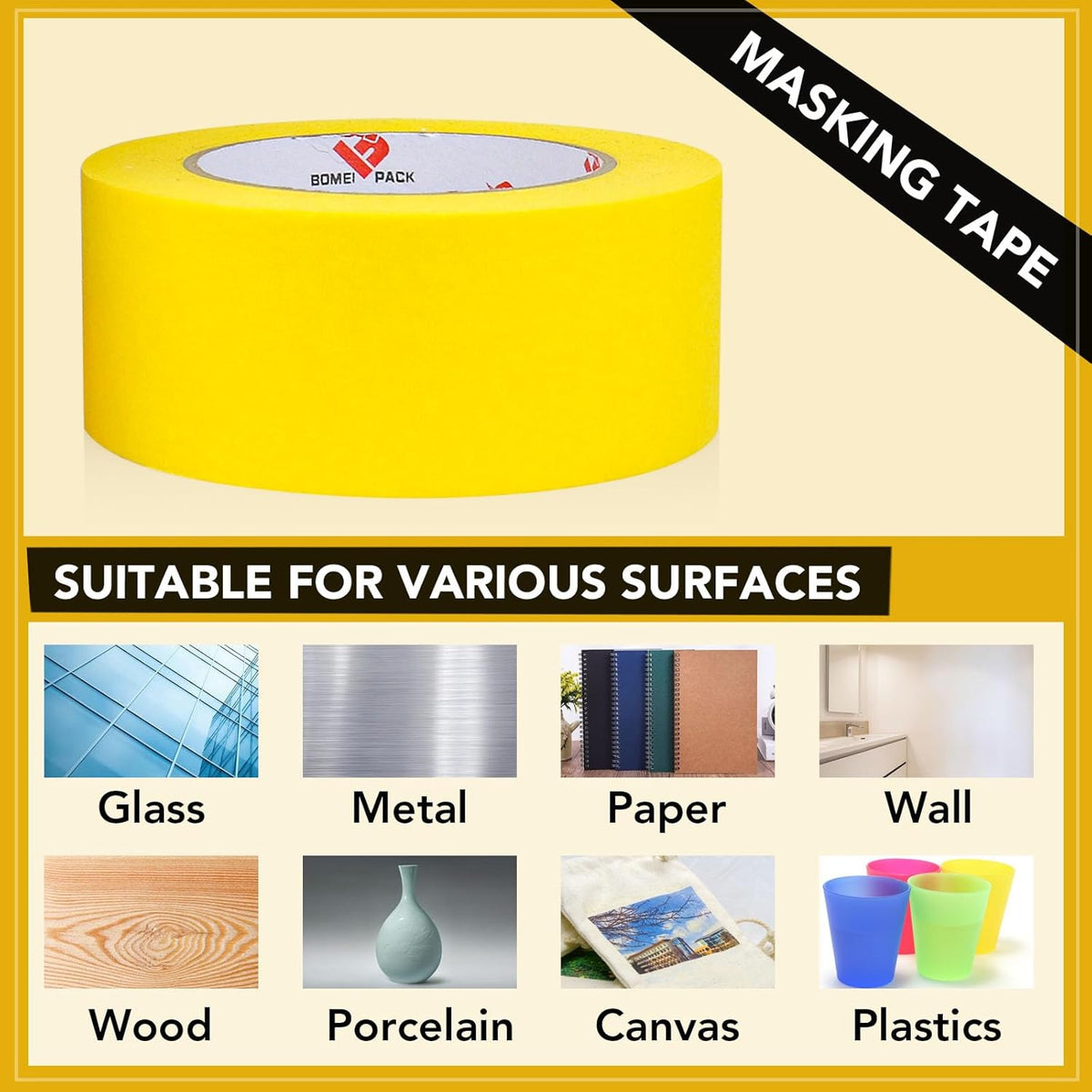 BOMEI PACK Yellow Painters Tape 2 inch Wide, 2 Pack Paint Yellow Masking Tape 2 inch x 55 Yards for Painting, Labeling, DIY Crafting, Decoration and School Projects