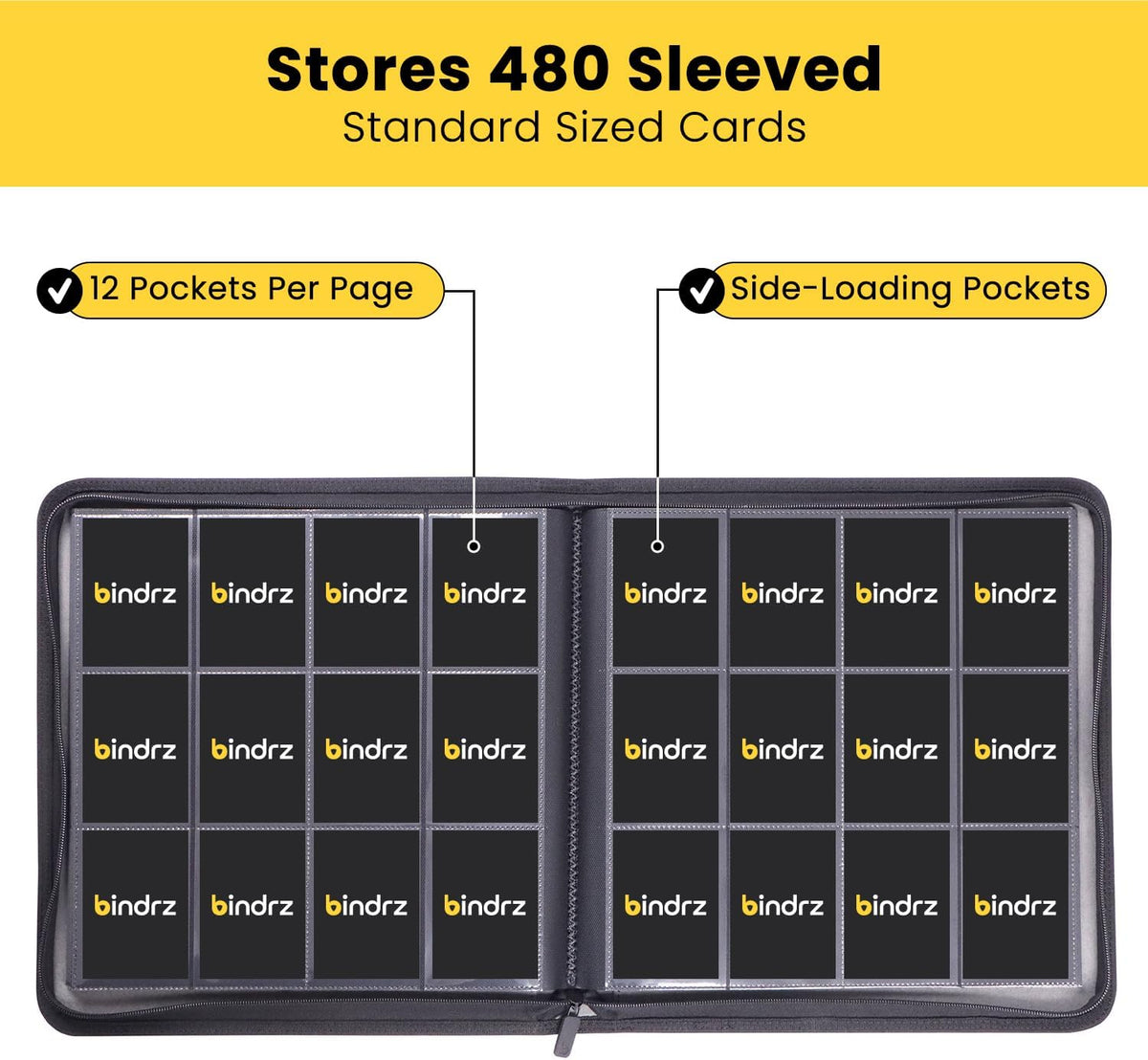 12 Pocket Zipper Binder for 480 Sleeved Trading Cards - Side Loading Pockets Album - Archival Safe Material and Compatible with TCG MTG and Sports Collectibles (Black)