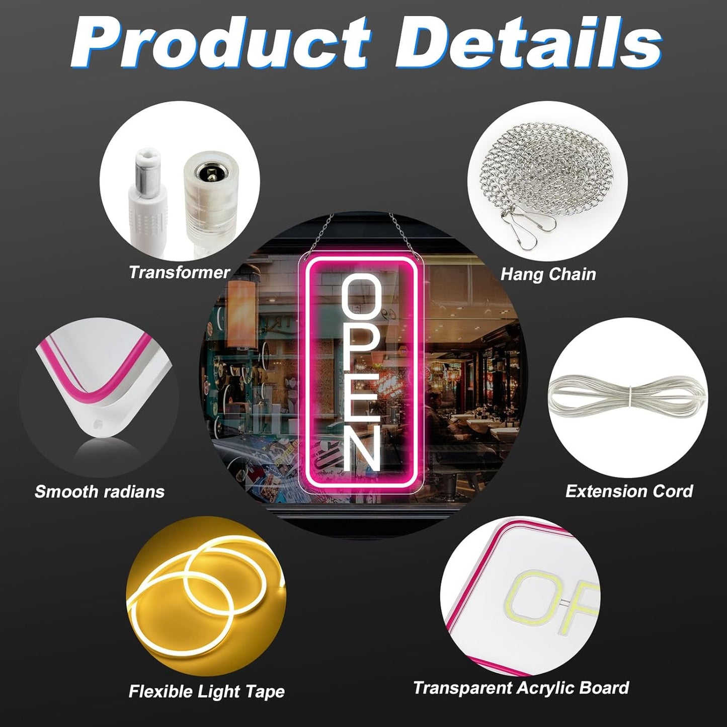 Neon Open Signs for Business, 16''x 9'' LED Open Sign, Super Bright Open Neon Sign (Pink&White), with ON/OFF Switch & Adapter, Neon Light Up Sign for Window Party Wall Door Coffee Club Hotel, Vertical