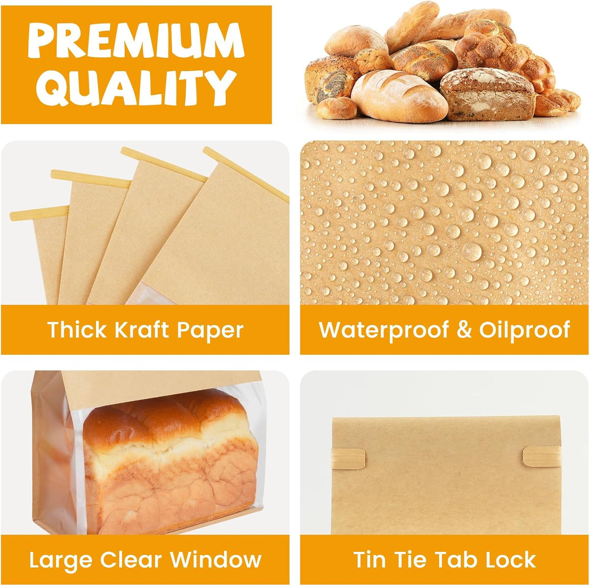 50 Pack Bread Bags for Homemade Sourdough Bread, 8.7x4.3x11 Inches Tin Tie Tab Lock Large Bakery Bag with Window Kraft Paper Loaf Packaging Bags for Gifting & Bake Sale