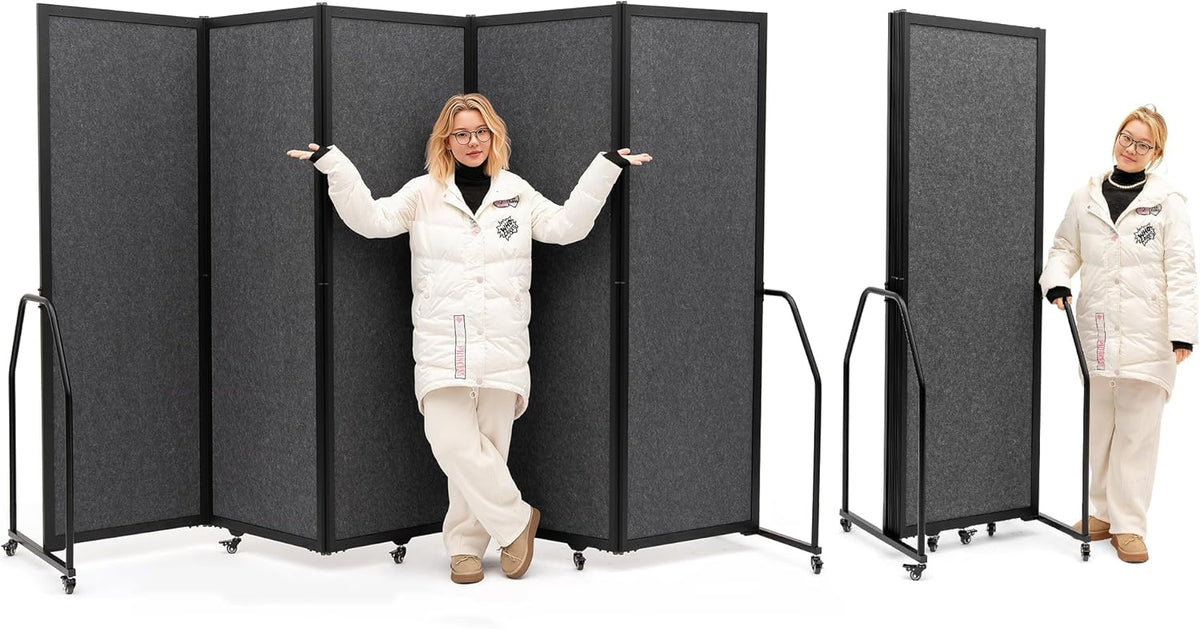 Folding Privacy Screens Freestanding partition with Wheels and arms Portable dividers for Medical Hospital Offices 5 Panel, Dark Gray