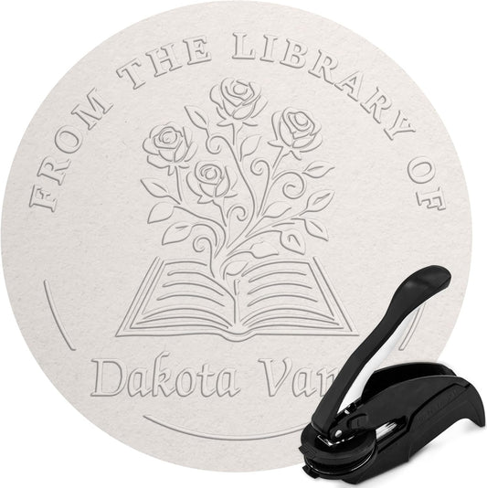 Custom Library Embosser - Style 115 - Embosser, Wood Stamp or Self Inking Stamp - Book Embosser Includes 50 Gold Seals - Custom Stamp Seal from The Library of