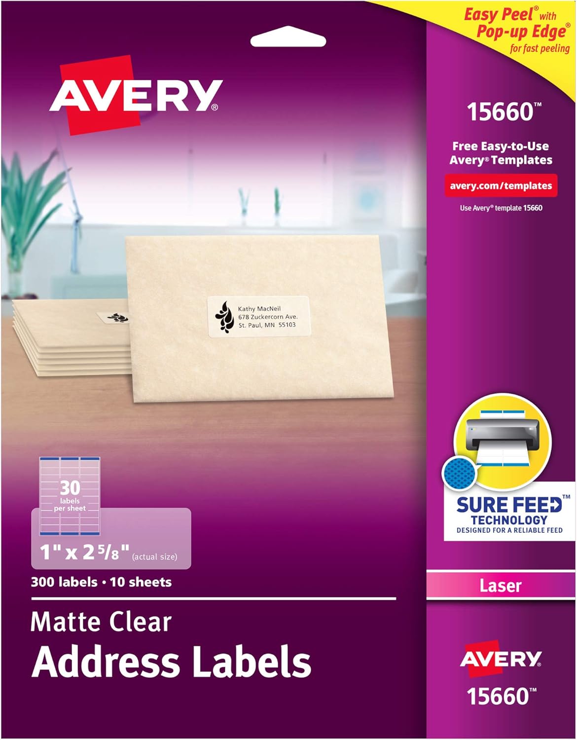Avery Printable Address Labels for Laser Printers, 1" x 2-5/8", Matte Clear, 300 Blank Mailing Labels (15660)