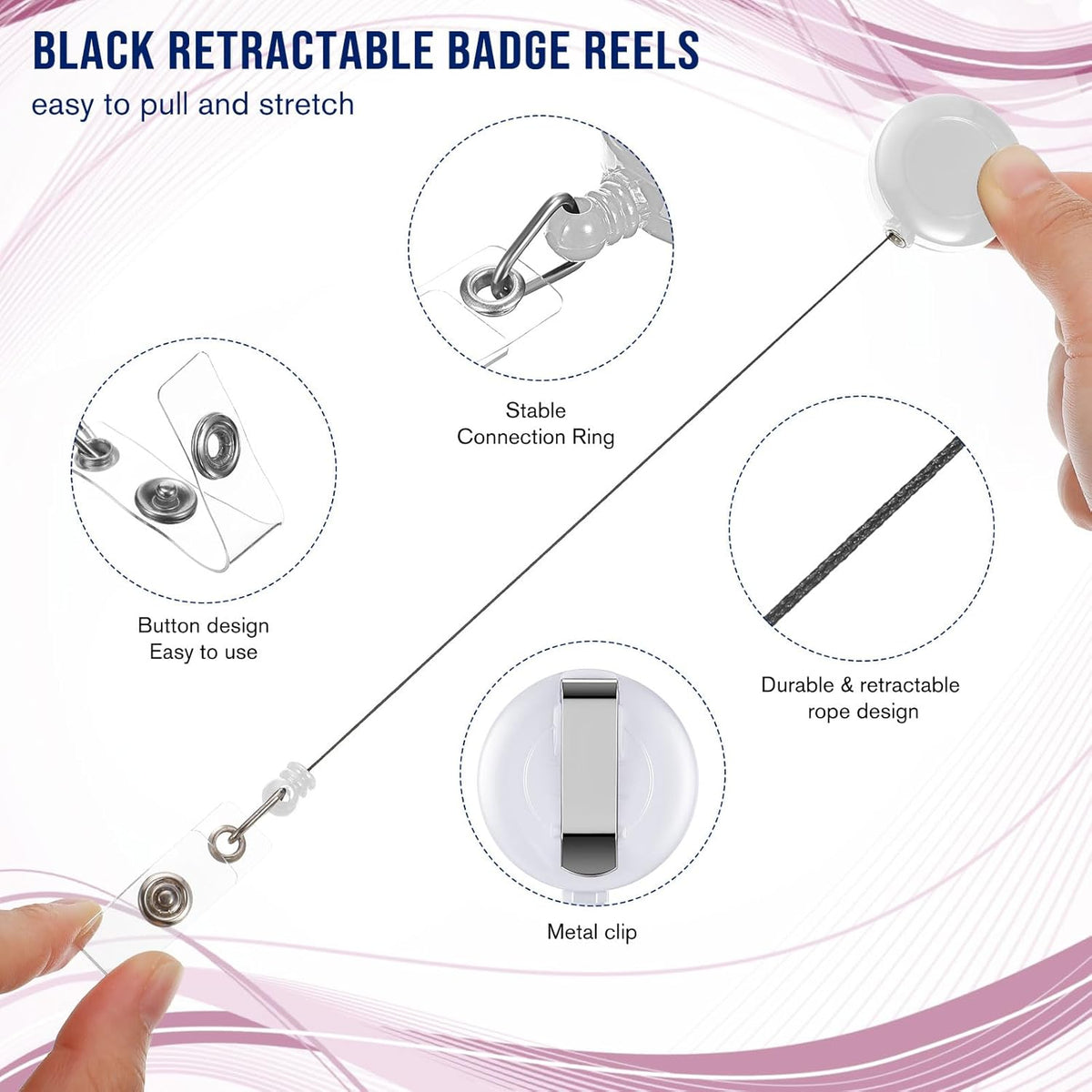 Handepo 200 Pcs Retractable Badge Reels Bulk Retractable Badge Holders with Clips ID Holder Key Ring Clip for Office Worker Students Teachers Doctor Nurse Name ID Card Holder Key Card(White)