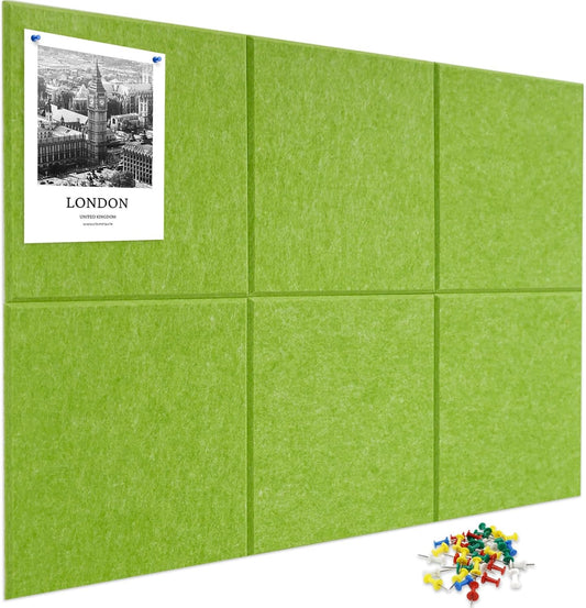 Large Cork Board for Wall 6 Pack, Bulletin Board 36" X 24", Felt Board Wall Tiles with 72 Damage-Free Removable Pads & Push Pins, Alternative Pin Board Cork Board for Office Home, Green