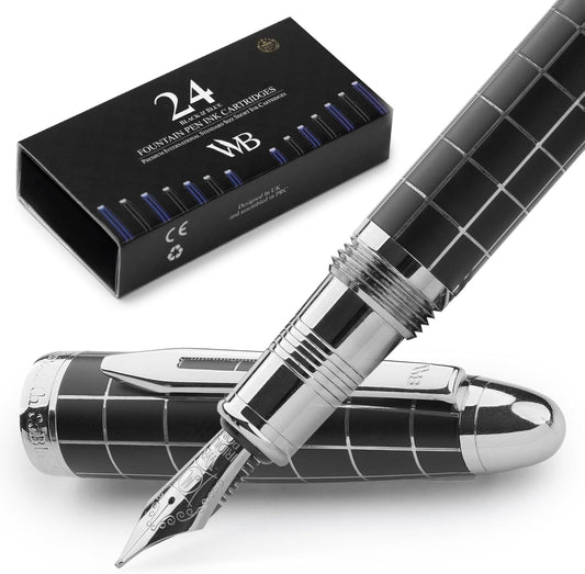 Wordsworth & Black Majesti Fountain Pen - (Checked), Luxury Case, Chrome Finish, Iridium Medium Nib - 24 Ink Cartridges, Refillable Ink Converter-Calligraphy Pen-Best Business Gift Set for Men & Women