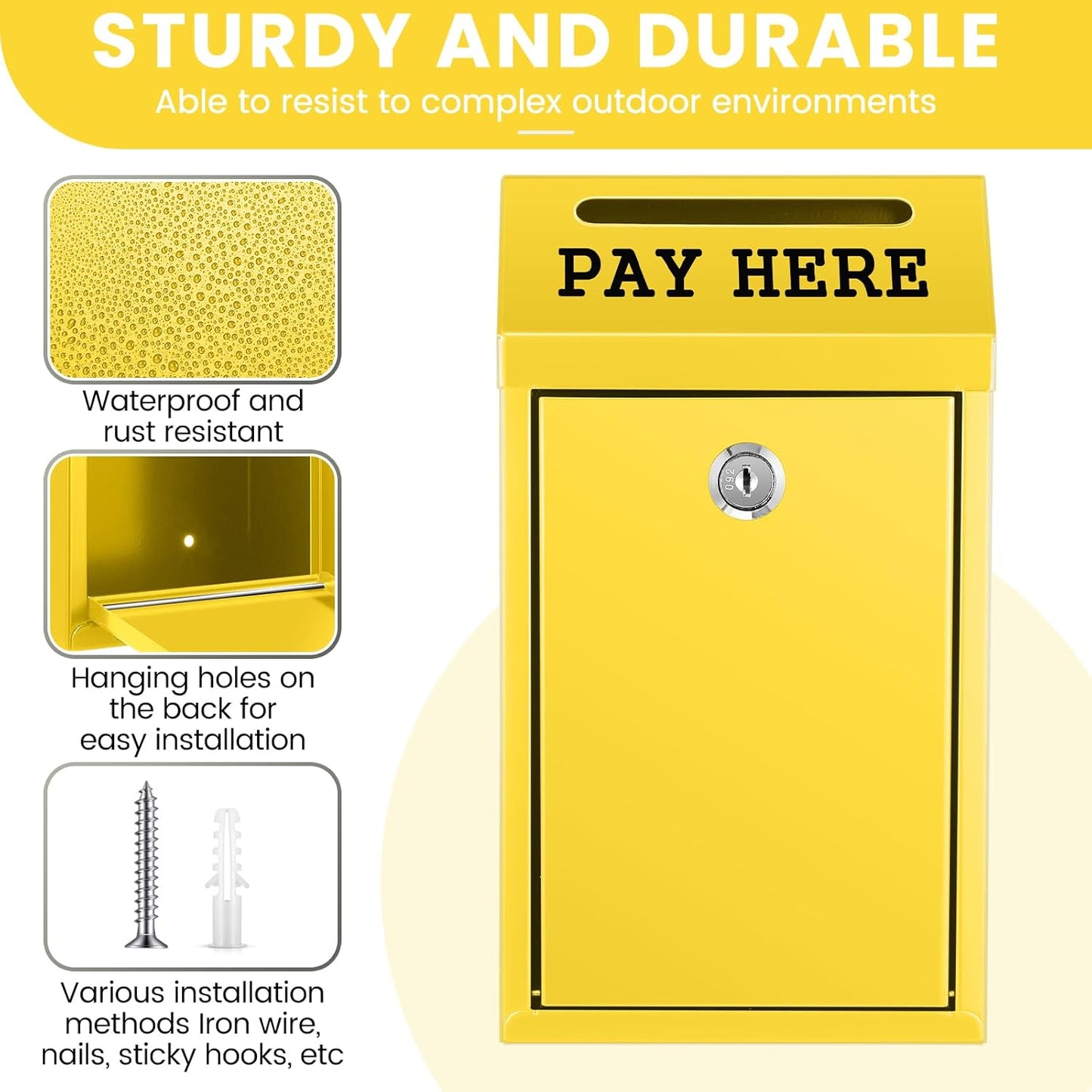 Safe Cash Box Money Collection Metal Donation Box with Lock Wall Mount Pre Drilled Mailbox Delivery Ballot for Home Office Outdoor Self Serve Stand(Yellow,10.2 x 5.7 x 2.8 Inch)