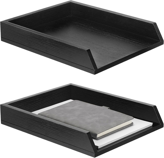 2 Pcs Wooden Letter Trays Wood Letter-Size Desk Organizer Heavy Duty 2 Tier Stackable Supports Paper Tray Desktop Drawer Organizer File Folder Magazine Office Accessories (Black)