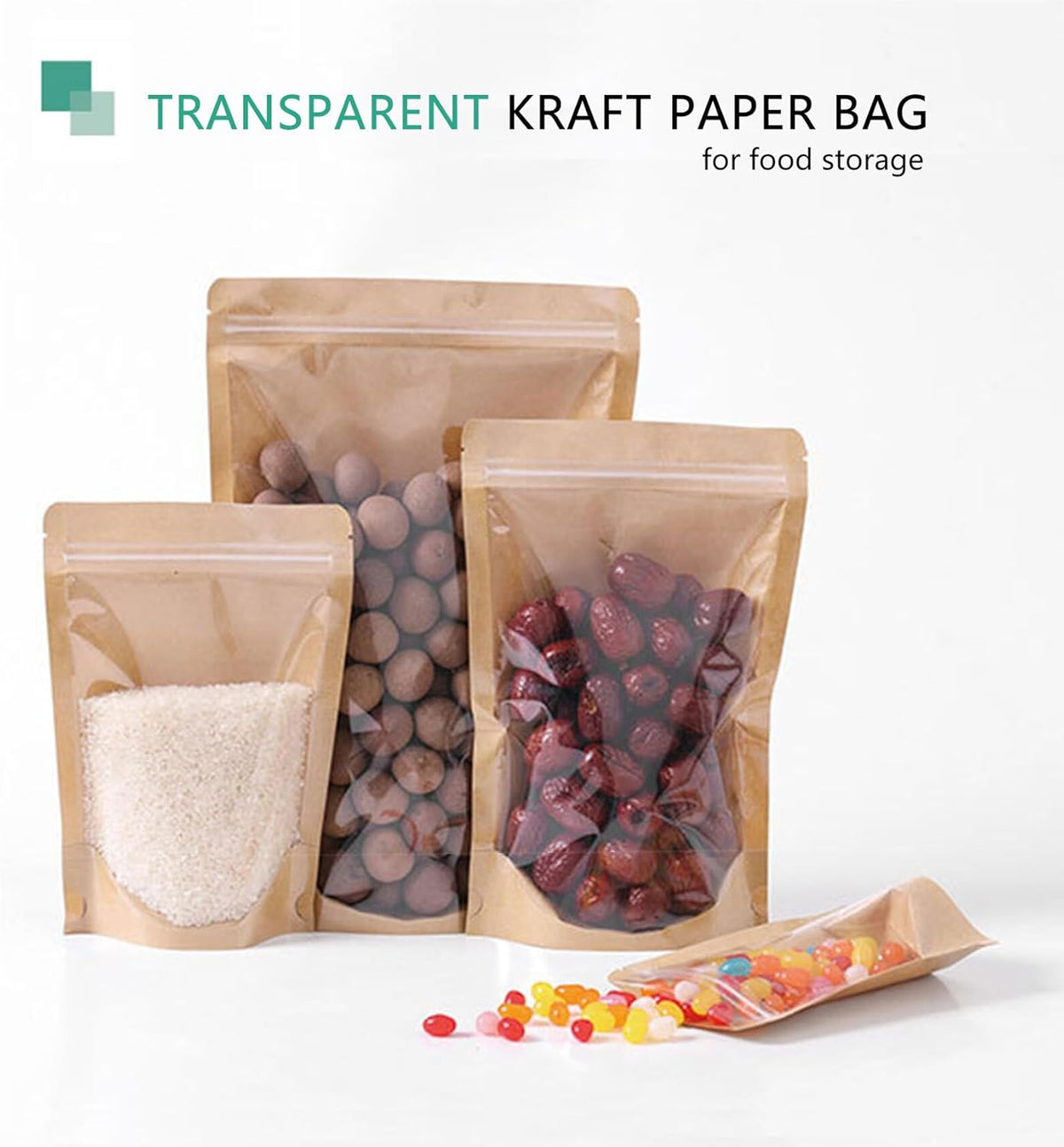 50pcs Kraft Bags With Window Clear Fornt Pouches Resealable Stand Up Zip Lock Food Storage Bags Brown 6.2"x8.6"