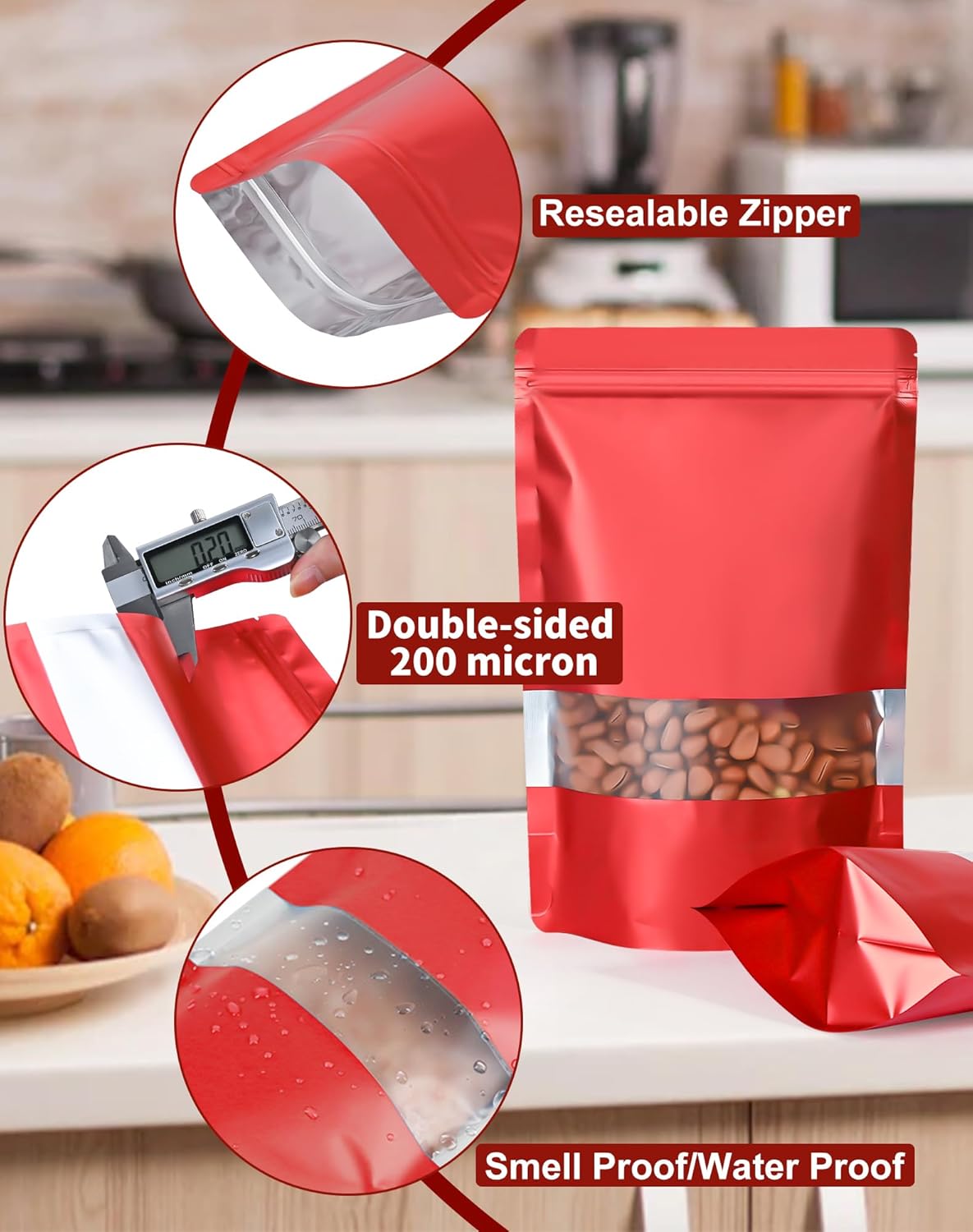 FireKylin 100 Pack Smell Proof Bags 7.9" x 11.8", Resealable Bags with Matte Window, Foil Pouch Stand Up Sealable Bags for Packaging（Red）