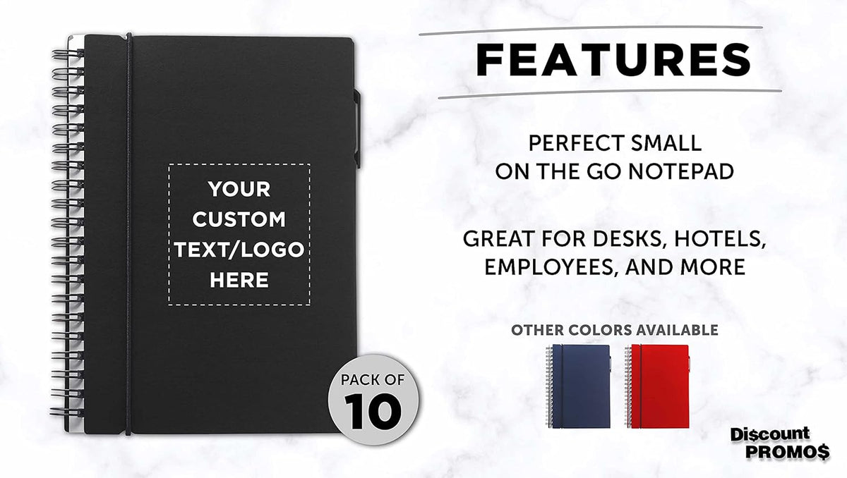 DISCOUNT PROMOS Custom Spiral Notebooks with Elastic Closure Set of 10, Personalized Bulk Pack - Perfect for School, Office, Business and More - Black