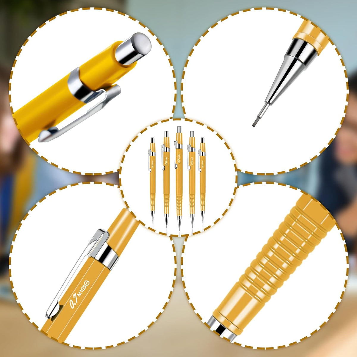 Gueevin 24 Pcs Mechanical Pencil Metal Penpoint Mechanical Pencil Retractable Automatic Drafting Pencils Refills for Writing Drawing Signature(0.9mm,Yellow)
