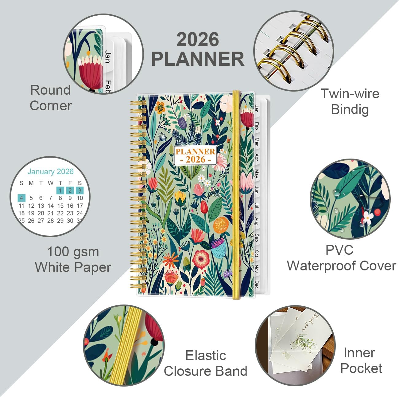2026 Pocket Planner/Calendar - 2026 Planner from January 2026 - December 2026, Planner 2026 with 12 Tabs, Twin-Wire Binding, Inner Pocket, 3.75" x 6.75", Flower-C