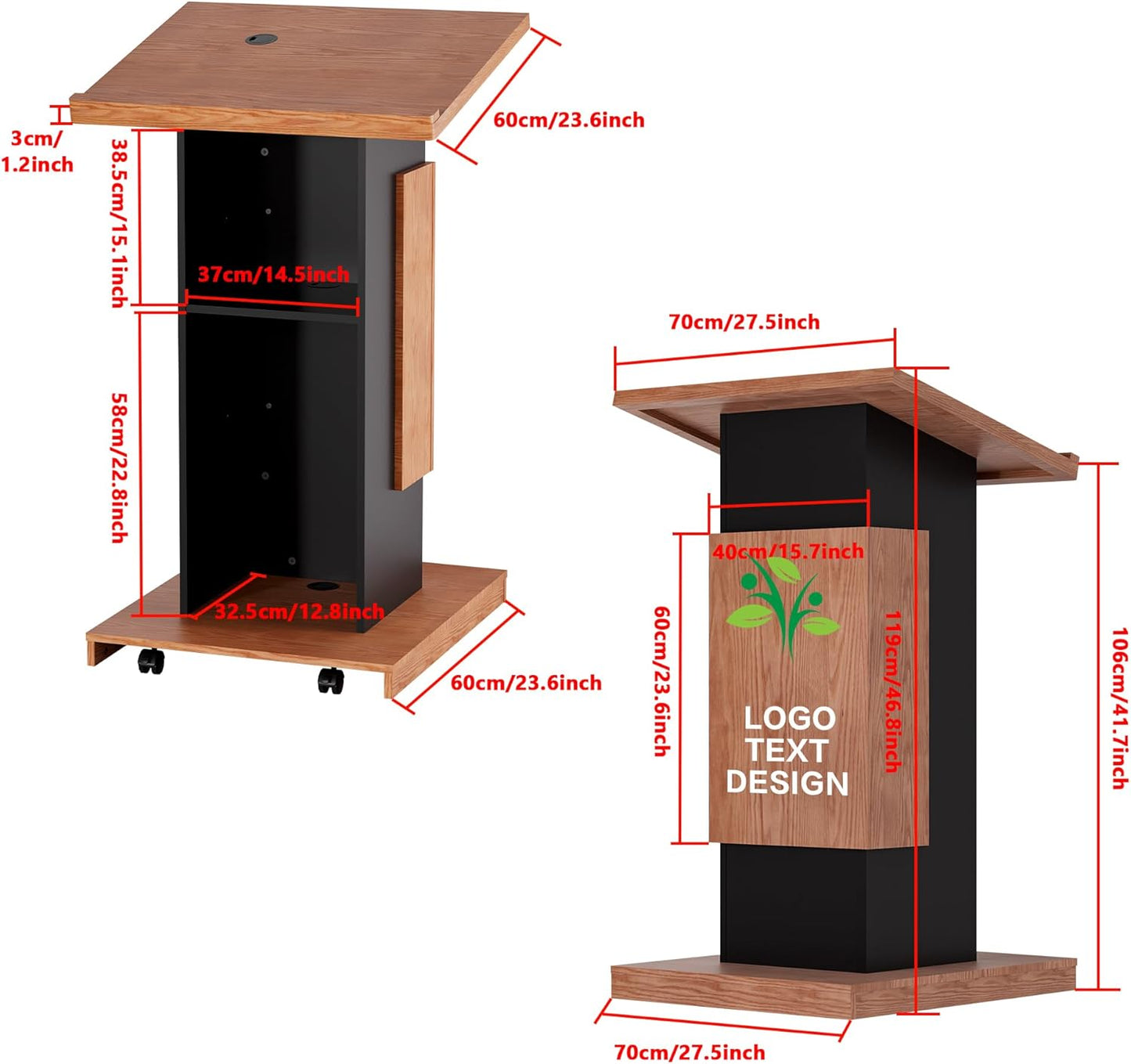 Customizable Logo & Text Podium Stand,Wood Lectern with Lockable Wheels,Church Pulpit with Storage,Mic Stand Space,Wooden Podium for Churches,Seminars and Schools (Brown)