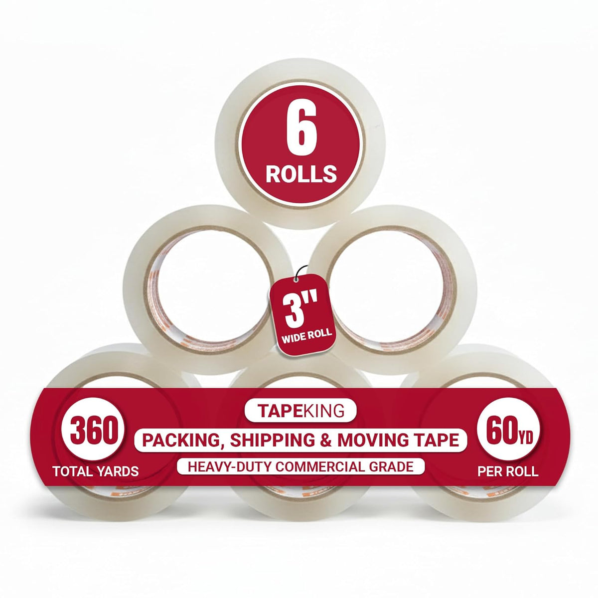 Tape King Clear Packing Tape | 60 Yards Per Roll (6 Rolls) | 3 Inch Wide Heavy Duty Packing Tape 2.7mil Strong Adhesive for Moving Boxes, Shipping Cartons, Office Use, Storage (360 Yards)