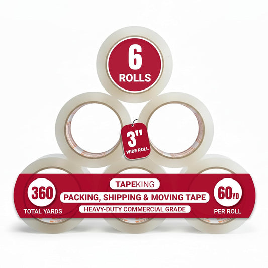 Tape King Clear Packing Tape | 60 Yards Per Roll (6 Rolls) | 3 Inch Wide Heavy Duty Packing Tape 2.7mil Strong Adhesive for Moving Boxes, Shipping Cartons, Office Use, Storage (360 Yards)