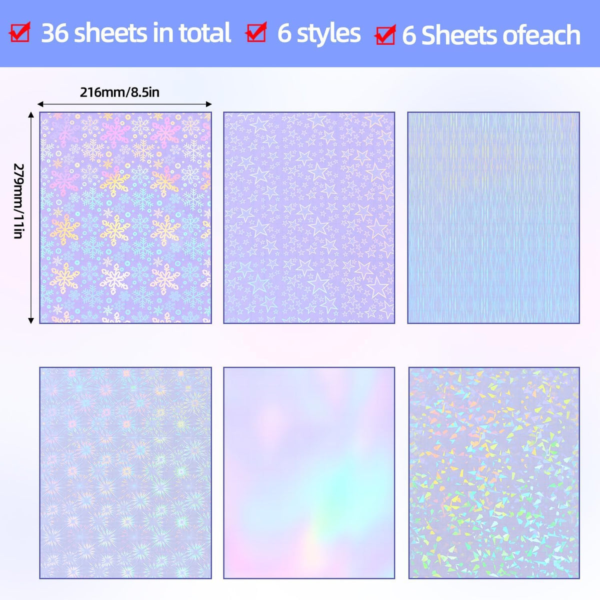 36 Sheets Holographic Sticker Paper, Clear Vinyl Laminate Film for Stickers Waterproof, Transparent Overlay Lamination Sticker Paper Self-Adhesive, 6 Patterns-8.5x11 Inch