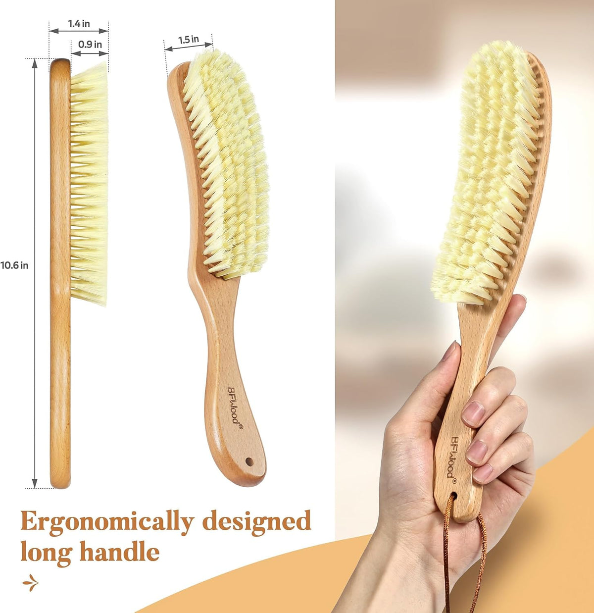 BFWood Clothes Brush - Bristle Lint Brush for Suits, Cashmere, Wool, Velvet, Suede and Pet Hair - Large Beech Wood Handle