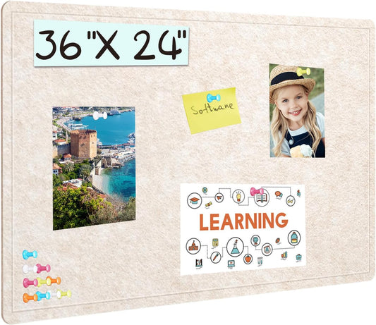 Bulletin Board, 36 X 24 inches Cork Board with 20 Pushpin, Felt Cork Board Notice Pin Board, Self-Adhesive Vision Board Mood Board Foldable Photo Board for Wall - Oatmeal